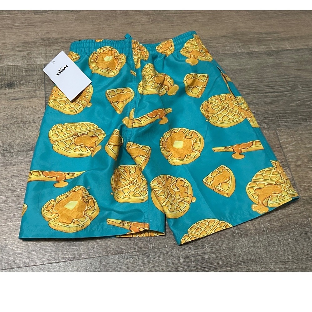 Nike Kids Swim Trunk Teal Waffle Print Drawstring Sz Small NWT - Picture 3 of 9